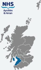 Map of Scotland highlighting NHS Ayrshire and Arran Health Board